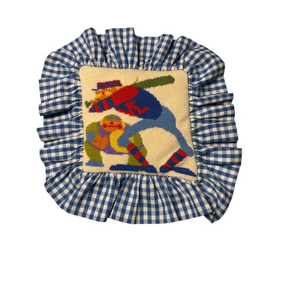 Vintage Needlepoint Cottagecore Baseball Player Pillow Blue Gingham Ruffle Trim - Picture 1 of 3